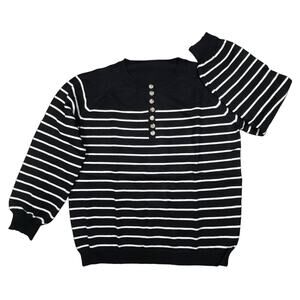 Women's XL Black Striped Long Sleeve Button Soft Casual Relaxed Fit Sweater Top